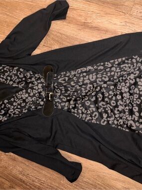 Tiana B. Black Wrap-Style Top with Gray Leopard Panels